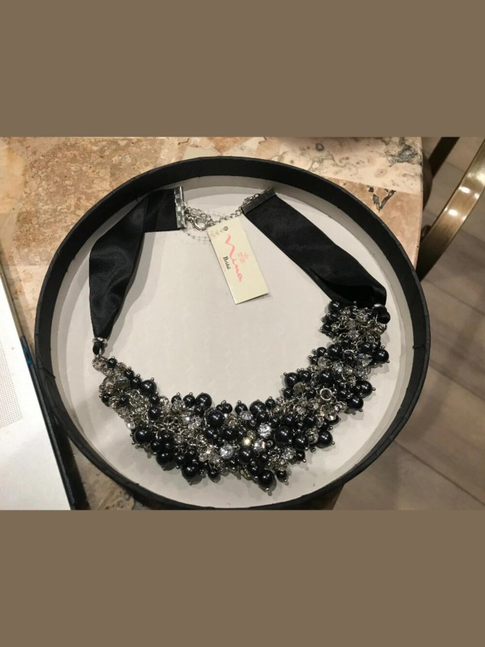Nina Melaney BLACK Glass Swarovski crystal Pearl necklace NEW Gift Box Charcoal